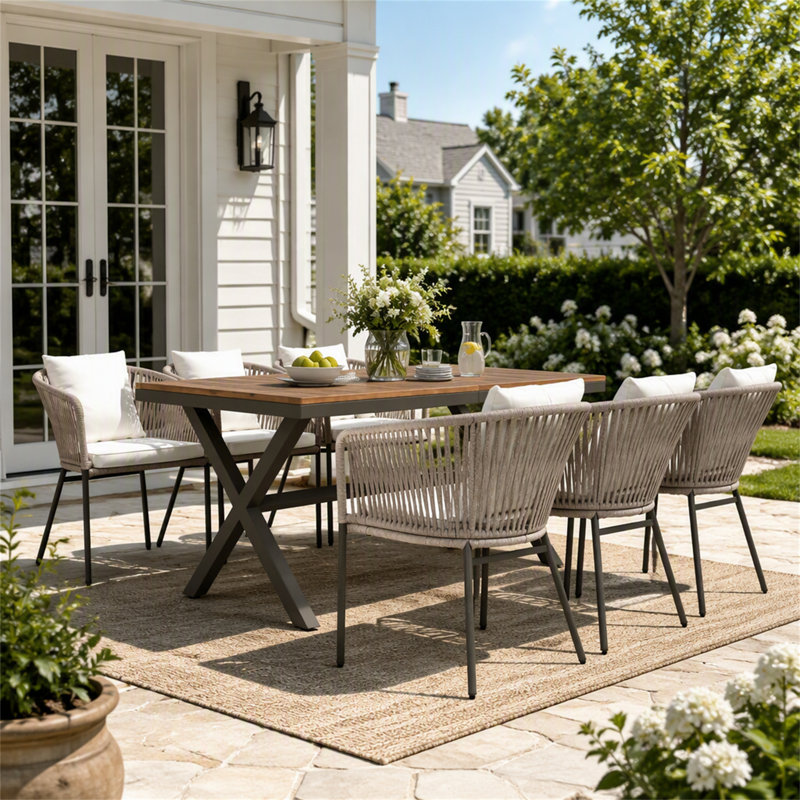 Ensemble de salle à manger 7 pièces toutes saisons avec plateau en bois d'acacia et chaises ergonomiques