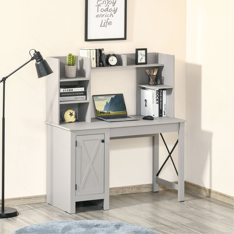 Farmhouse Computer Desk With Hutch And Cabinet, Home Office Desk With Storage, For Study, Light Grey, Light Gray