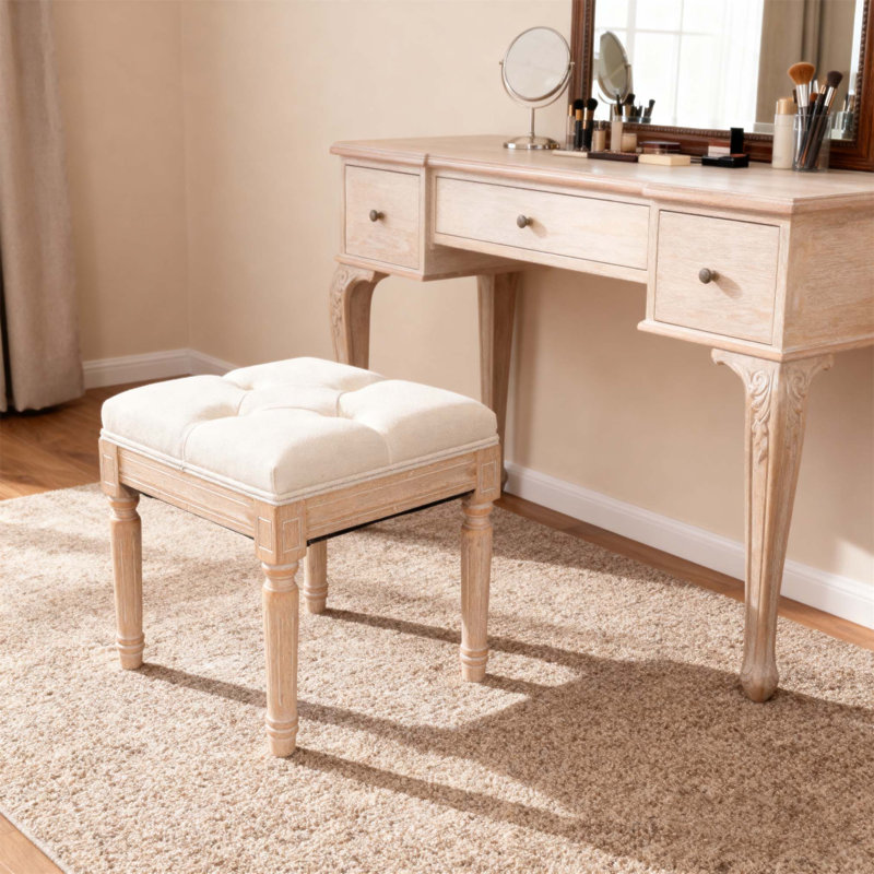 Petit banc rembourré, repose-pieds carré rembourré rustique avec mousse à mémoire de forme confortable et pieds en bois d'hévéa robustes pour une utilisation polyvalente dans n'importe quelle pièce