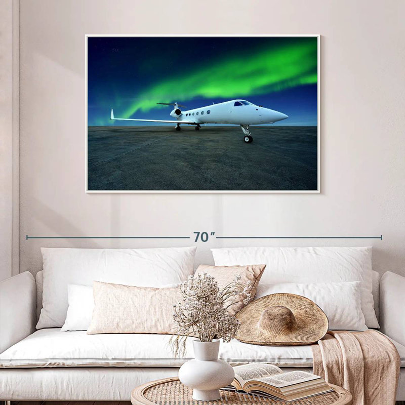 Northern Lights Airplane, 46" X 31", Floating Frame White