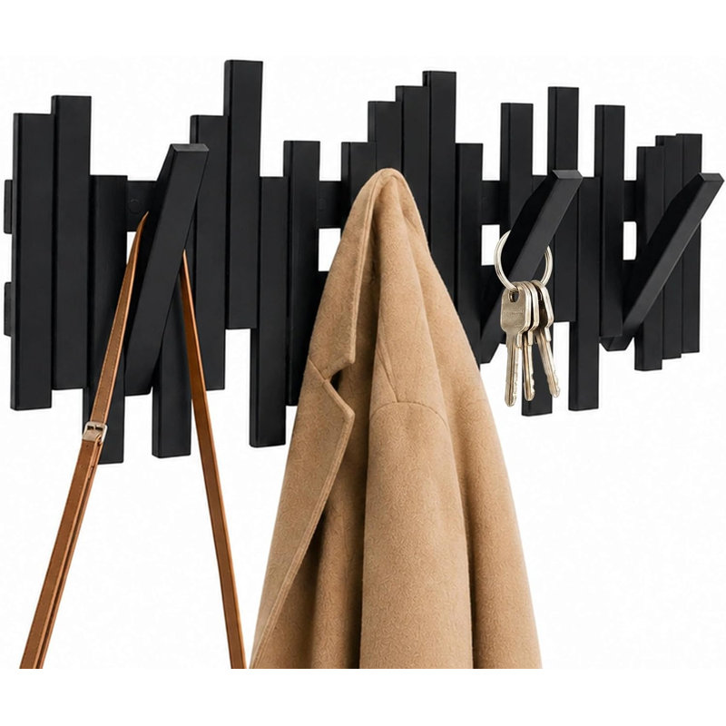 Porte-manteau mural en bambou à plusieurs crochets - Crochets décoratifs modernes et uniques, gain de place, avec 4 crochets rabattables pour suspendre manteaux et décorations de Noël, noir