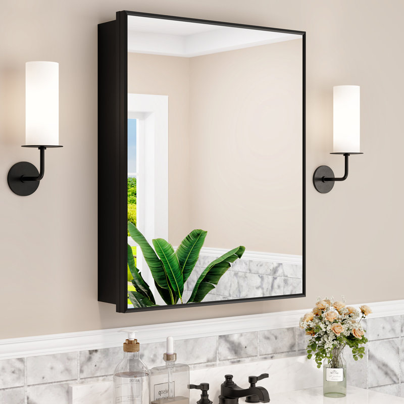 24" W x 30" H Elise Iron Framed Recessed/Surface Mount Medicine Cabinet with Mirror, Adjustable Glass Shelves for Makeup, Shaving or Bathroom Vanity Storage