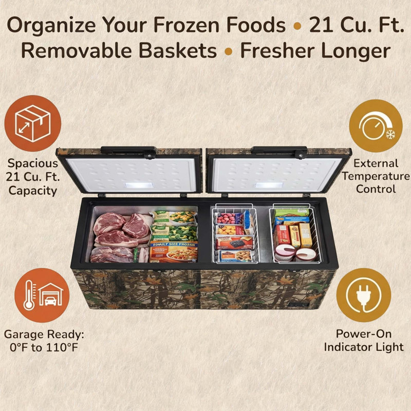 Magnavox 21 Cu. Ft. Chest Freezer, Double Door, Garage Ready 0°F–110°F, Hunting Camo Deep Freezer with External Temperature Control, Power Indicator Light, Manual Defrost & Removable Baskets