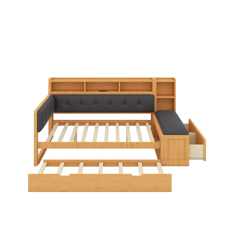 Lit de jour double avec lit gigogne, lit plateforme en bois avec tablettes de rangement, banc, station de charge et tête de lit tapissier