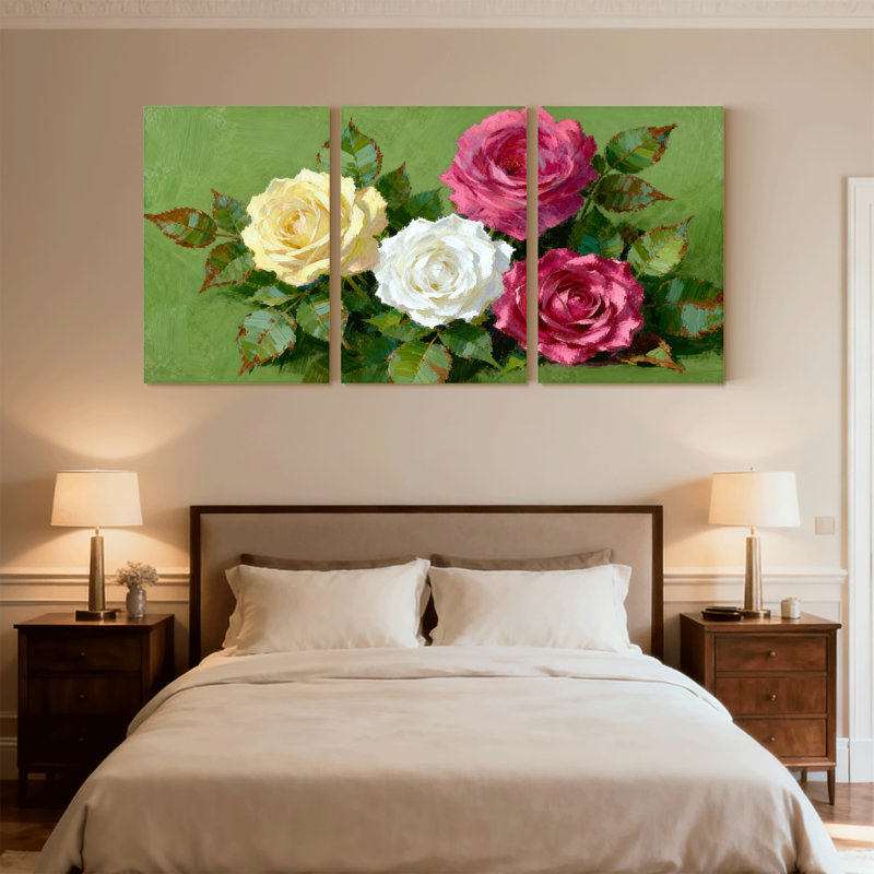 Roses roses en pleine floraison sur fond vert, ensemble de 3 reproductions d'art sur toile, H 30 po x l 60 po
