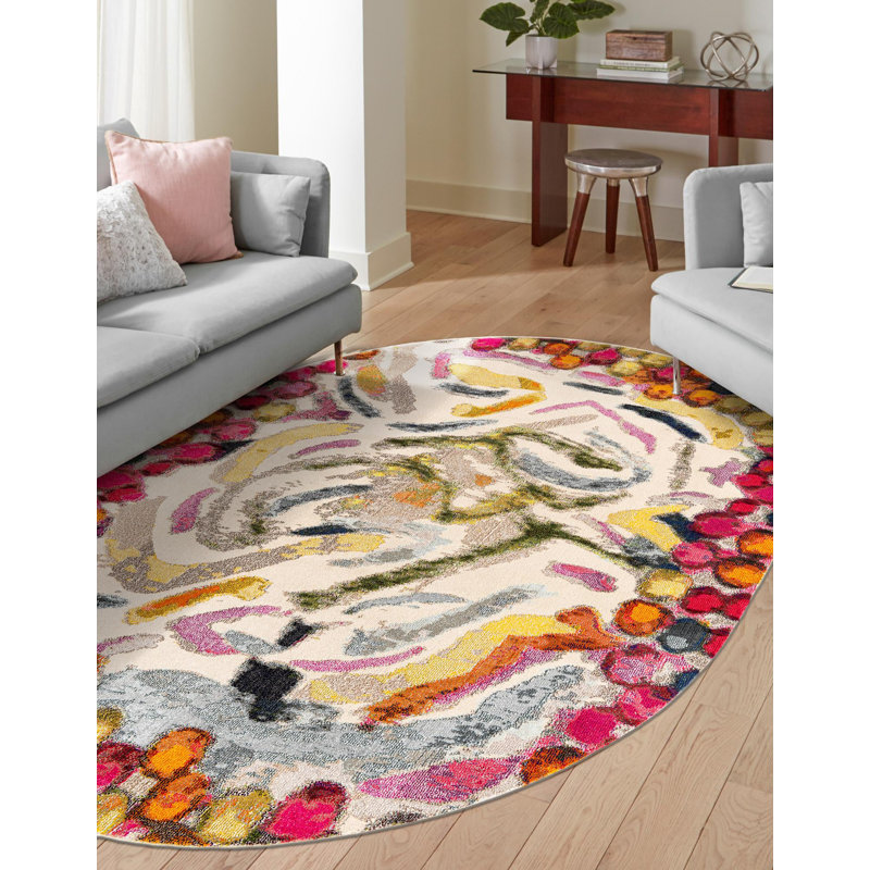  Tapis abstrait octogonal beige / rose / jaune, Ovale 7 pi 10 po x 10 pi