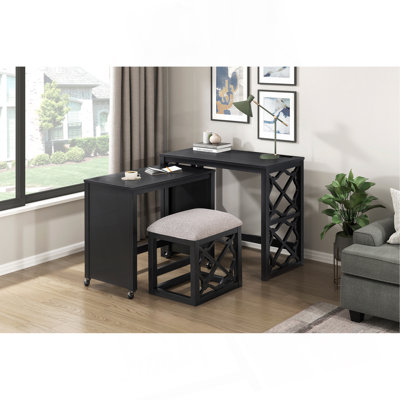 Desks And Stool Set 3Pc Rolling Desk With Casters, 2 Charging Ports Home Office Furniture