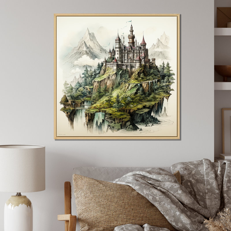 Dessin mystique d'un château II - impression sur toile, H 16 po x l 16 po x P 1 po, Cadre flottant naturel