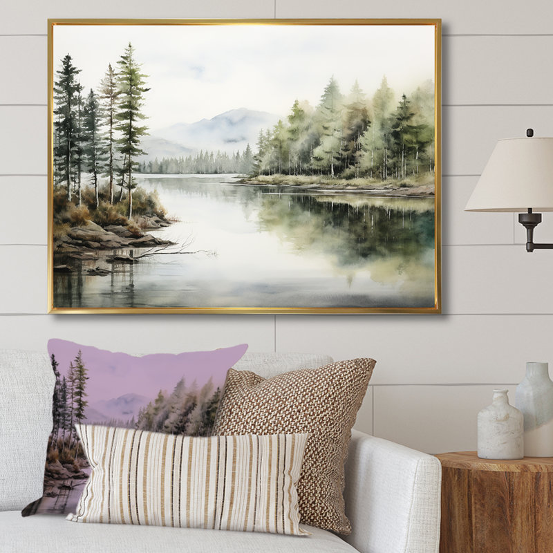 Scandinavian Lake Tranquility sur impression sur toile, Cadre flottant doré, H 24 po x l 32 po x P 1 po