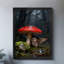 Art encadré noir Un hibou mignon se cachant sous la pluie sous des champignons rouges, impressions sur toile de style rétro-2110685352
