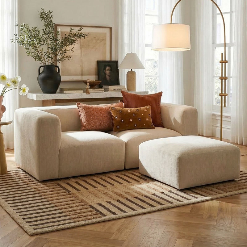 Canapé modulaire en chenille de 73 po de largeur avec repose-pieds, Beige