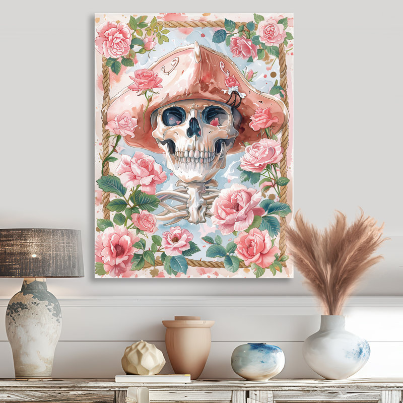 Décoration de crâne de pirate rose et vert Blooms IV - Bord de mer, Métal métal, H 12 po x l 20 po x P 1 po