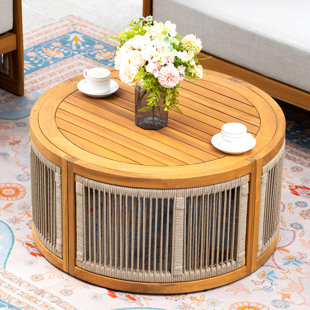 4-Piece Outdoor Solid Wood & Rope Sofa Set with Coffee Table for 4