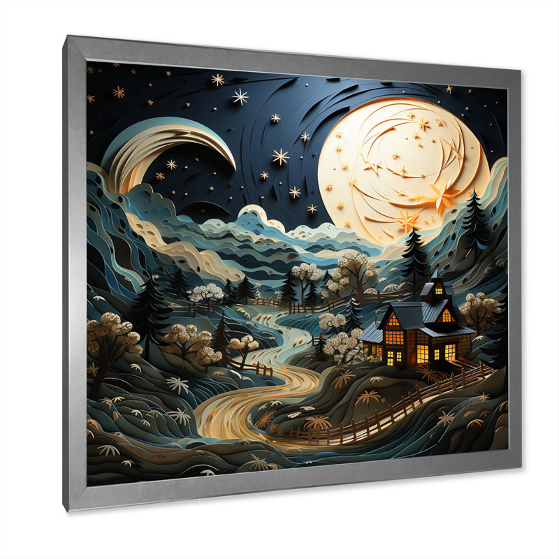 Paysage avec grange au clair de lune - impression, H 16 po x l 16 po x P 1 po, Cadre simple argenté