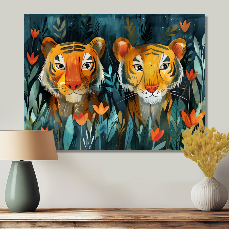 Pépinière orange, vert, été, tigre Meadows I - tigre, art mural, Sans cadre, métal, H 30 po x l 40 po