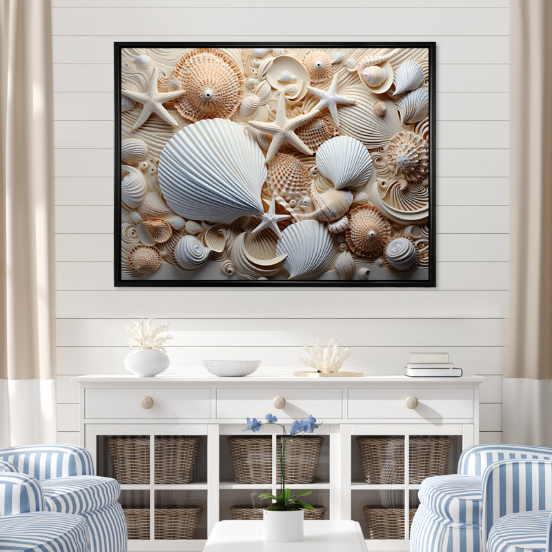 Photographie de coquillage blanc minimal III sur toile, Cadre flottant noir, H 34 po x l 44 po x P 1,5 po