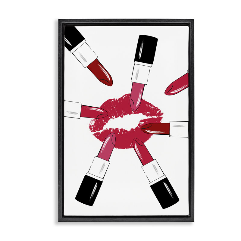 Toile flottante encadrée rouge à lèvres et bisous par Martina Pavlova, Cadre flottant noir de jais, H 25 po x l 17 po