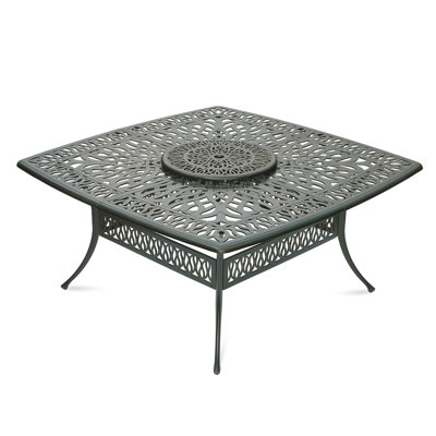 World Menagerie Outdoor 63.98" Patio Dining Table For 8 Person, Large Patio Square Dining Table With 23.98" Lazy Susan, Dark Bronze Cast Aluminum Rustic Patio Table W/umbrella Hole For Balcony, Porch And Deck