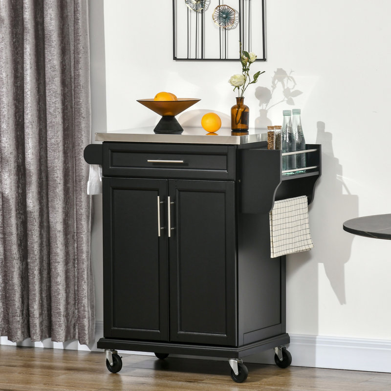 Îlot de cuisine sur roulettes, chariot de cuisine roulant avec comptoir en acier inoxydable, tiroir, porte-serviettes et porte-épices, chariot de rangement utilitaire