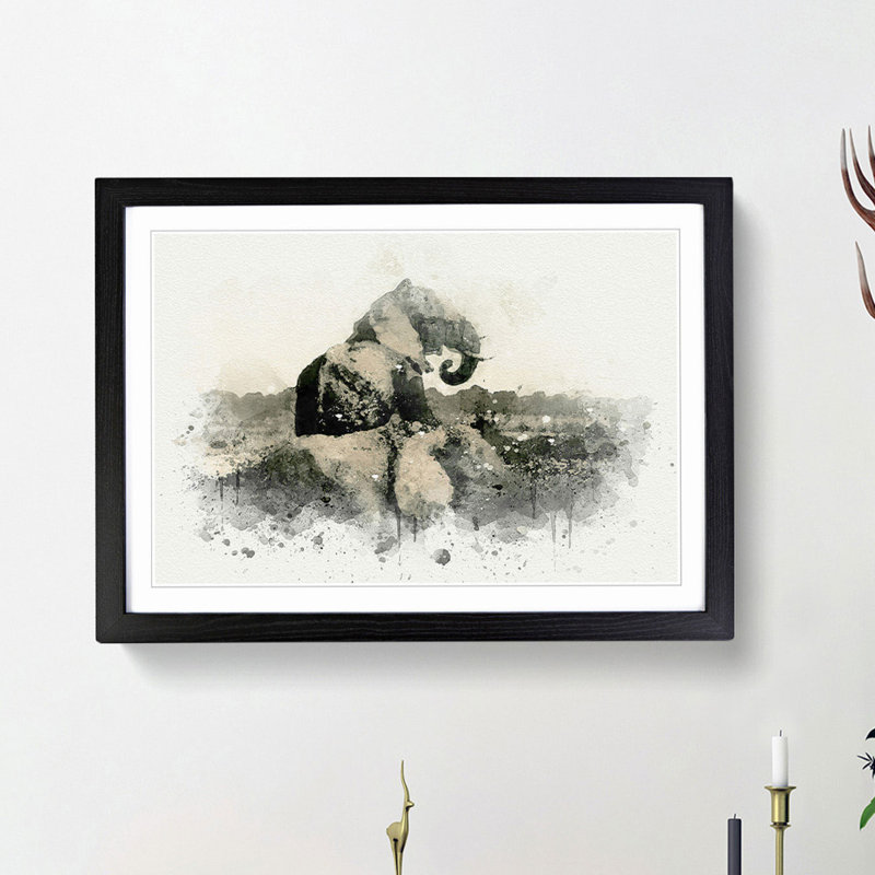Two Elephants in Abstract - Picture Frame Graphic Art Print, Black Framed, 27cm H x 36cm W x 2cm D