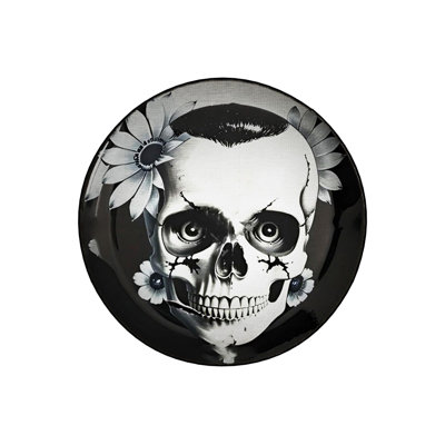 Round Skull and Flower Patterned Woven Base Washable Rug