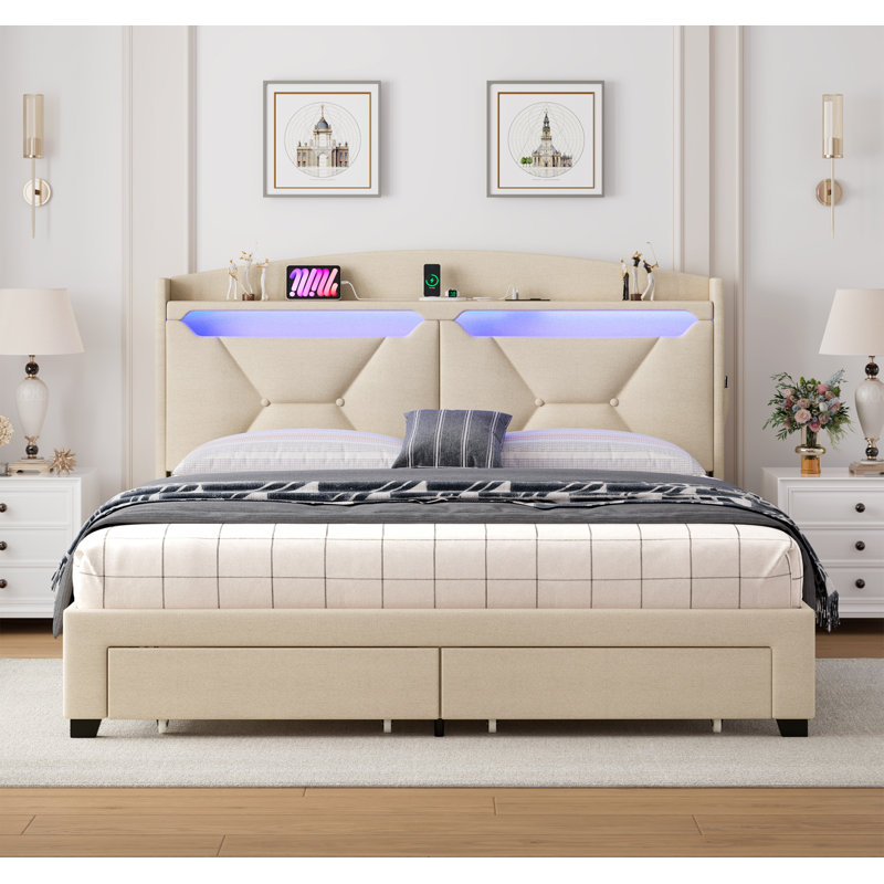 Tête de lit avec rangement, taille Queen et lumières DEL à DEL, Beige