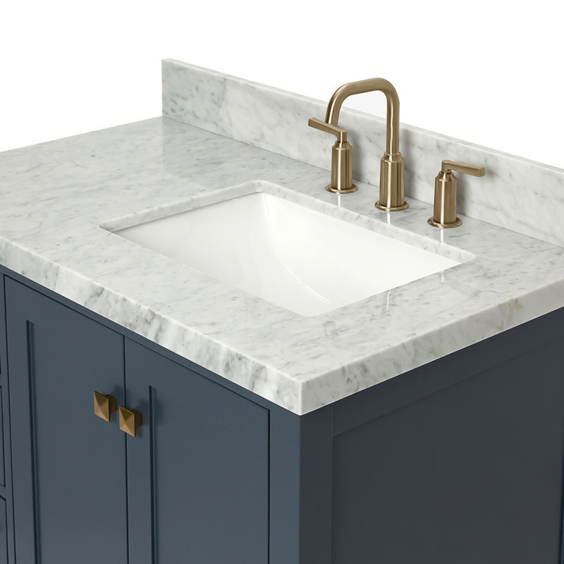 Cambridge 37'' W Single Vanity, Satin Brass, Midnight Blue, Carrara Marble