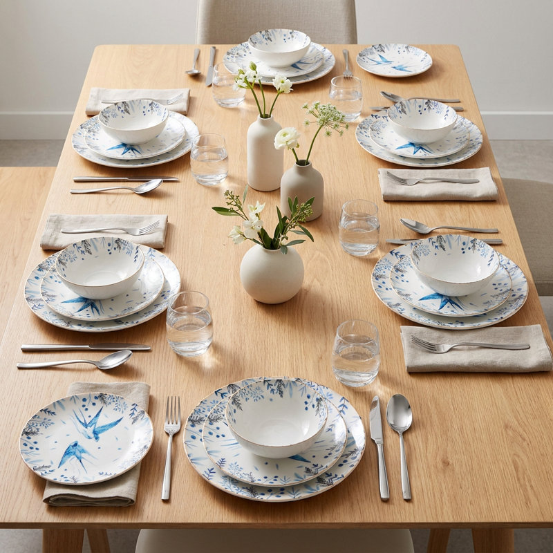 Service de table en porcelaine bleu et blanc Avian Serenity Bone (service de 24 pièces pour 6 personnes)