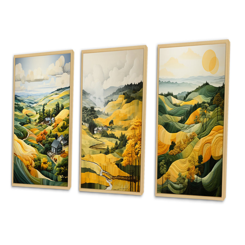«Yellow and Green Pastoral Bold Landscape», 3 pièces, Encadré naturel, H 32 po x l 48 po