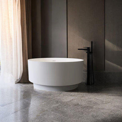 49" Round Freestanding Soaking Solid Surface Stone Resin Bathtub With Overflow And Pop-Up Drain
