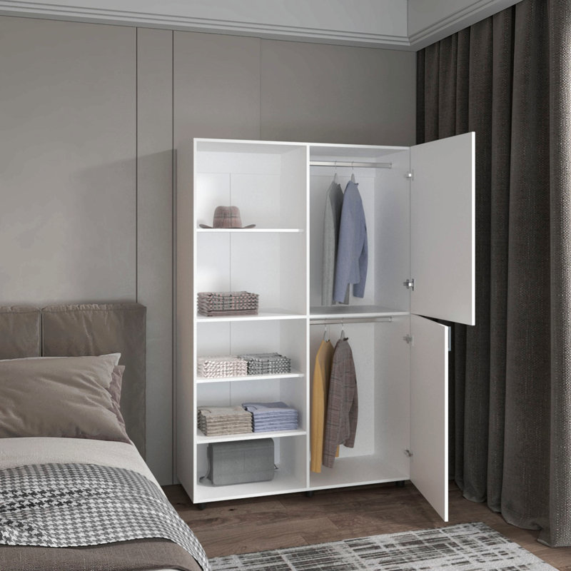 Armoire haute autoportante à deux portes avec tringle et tablettes intérieures, garde-robe compacte pour chambre à coucher