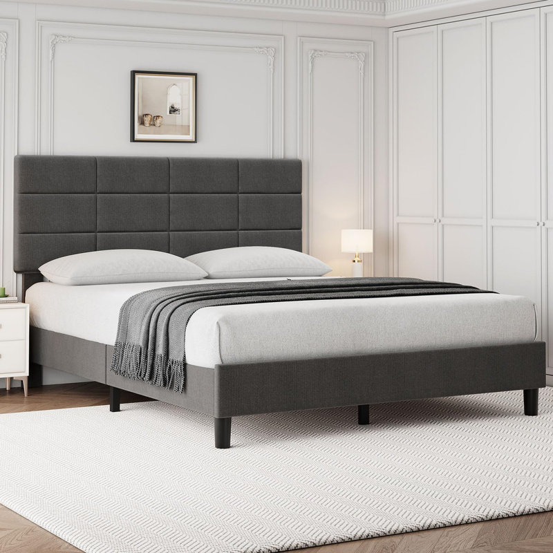Lit double en lin - support de 700 lb, gris, structure silencieuse, Double
