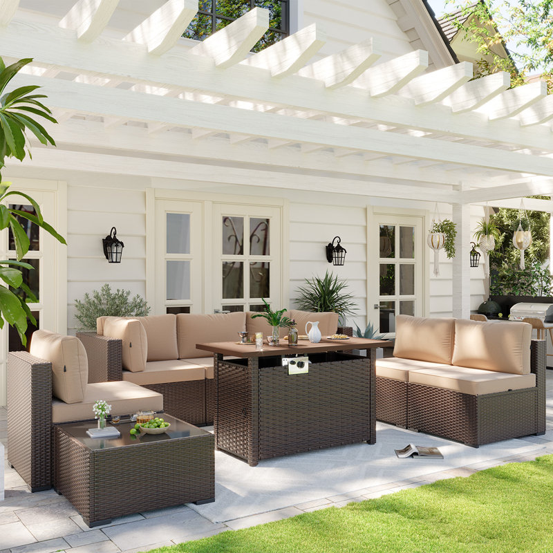 Caradog Wicker 6 - Person Patio Conversation Sets with Cushions, Coffee Table and 44" Fire Pit Table