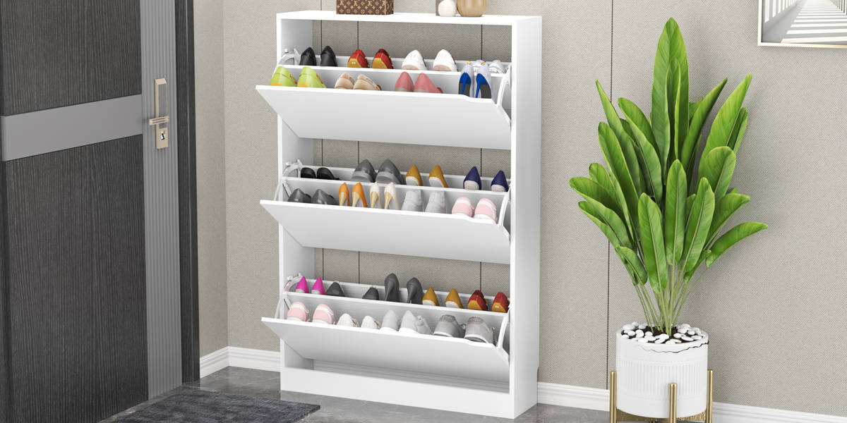 3-Tier Shoe Storage Cabinet with Flip Drawers, 16-20 Pair Free Standing Shoe Organizer 31.5''W for Entryway