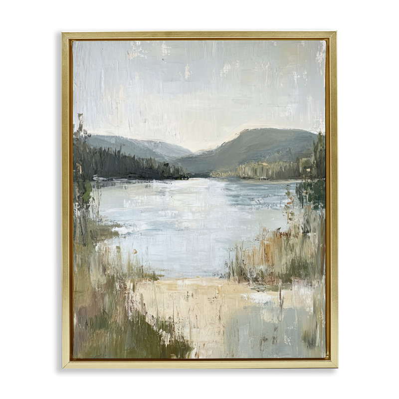 Cadre flottant Abstract Lake Shore & Mountains, design par Petal Prints Design, H 31 po x l 25 po