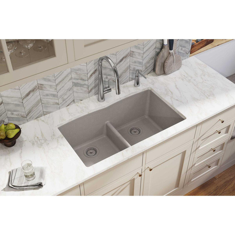 Évier de cuisine à double cuve encastrée avec diviseur turquoise Quartz Classic 33 po x 19 po x 10 po, Grèges
