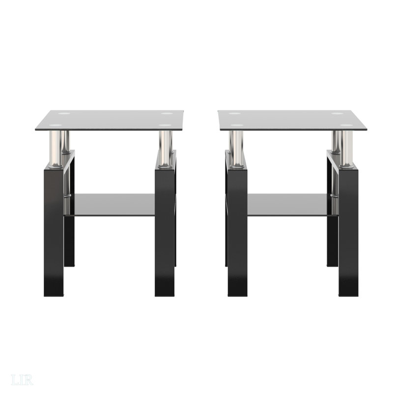 Ensemble de 2, table basse moderne en verre trempé, table de bout, table carrée pour le salon, table de bout, Noir, Noir