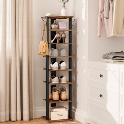 Narrow 8 - Tiers Shoe Storage Tower, Wooden Shoe Rack with Hooks