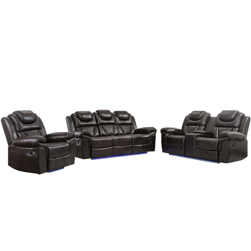 Medardus 3 Pieces Recliner Sofa Sets Manual Recliner Chair with Center Console and LED Light Strip, Brown Faux Leather