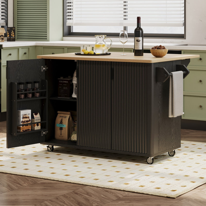Fluted Kitchen Island with Drop Leaf, Black