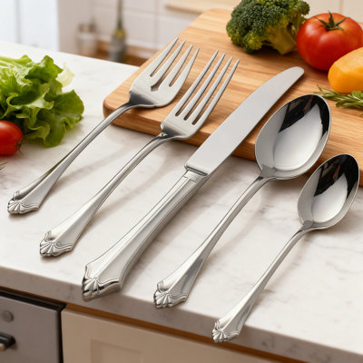 5-Piece Fine Flatware Set 18/10 Stainless Steel, Chippendale Inspired Heavyweight Mirror Polished Silverware For Elegant Dining