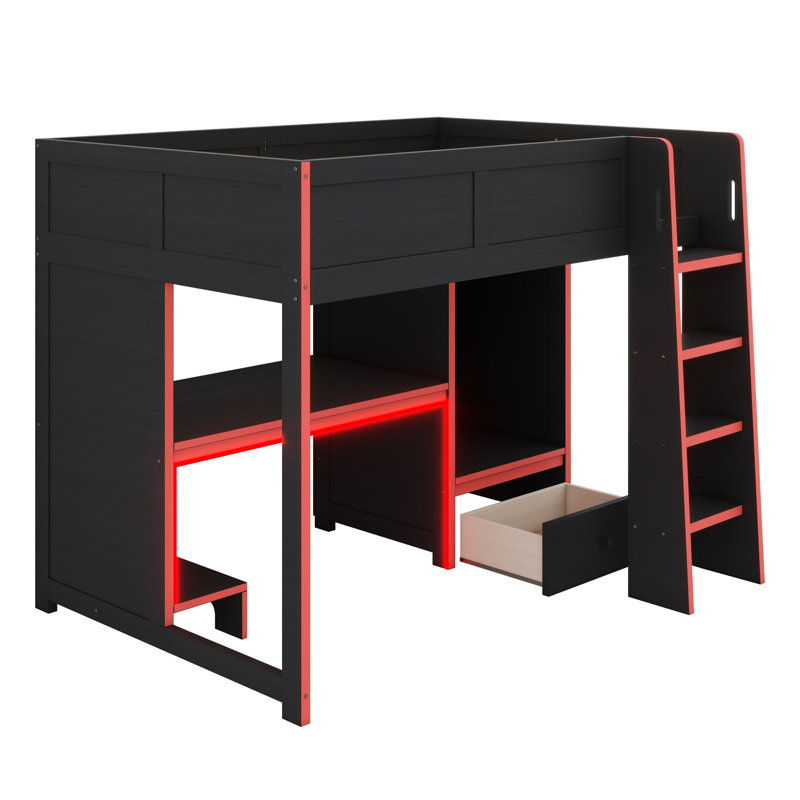 Lit mezzanine en bois avec bureau intégré, garde-robe, DEL et tiroir, Double
