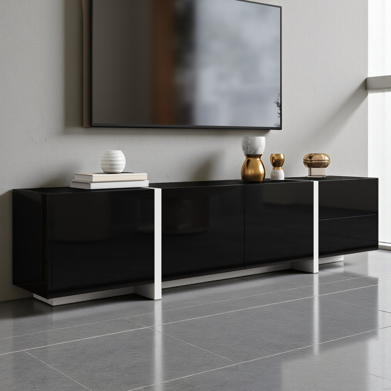 Modern High-gloss Tv Cabinet - Media Unit With Storage, 170cm W x 45cm Hx35cm D, Black/White