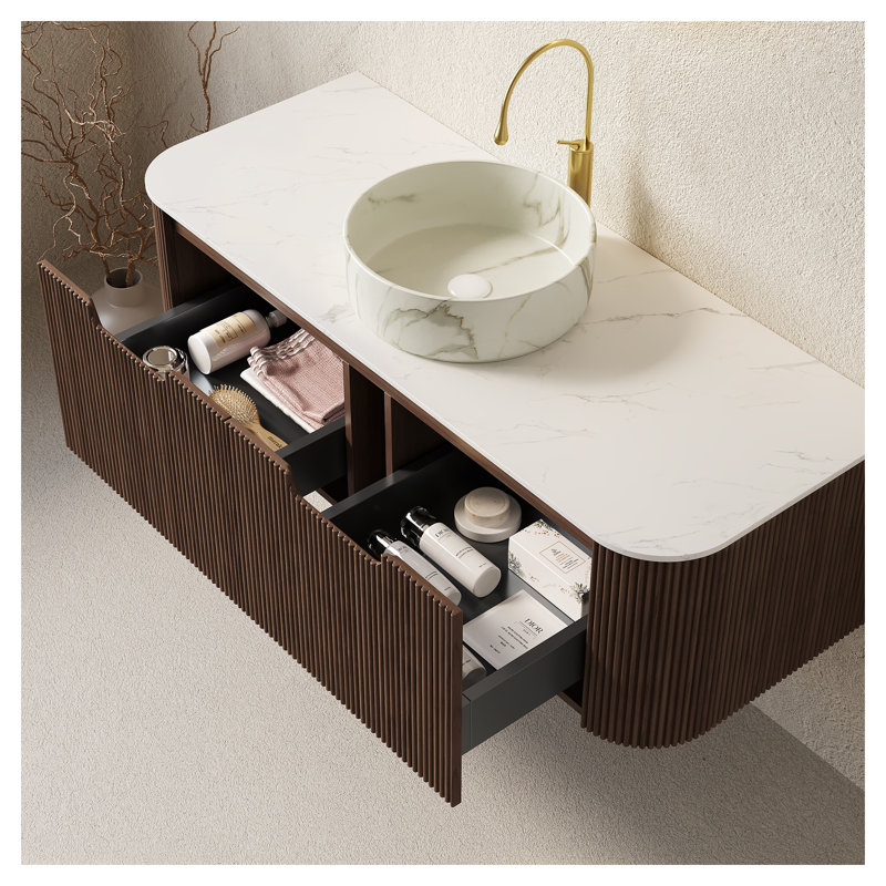Meuble-lavabo suspendu DINA de 48 po avec lavabo, armoire en bois grain de noyer foncé, comptoir en pierre frittée blanche de Carrare, lavabo rond en céramique, tiroirs à fermeture douce