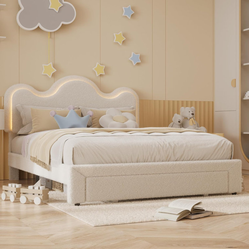 Grand cadre de lit tapissier à DEL avec tiroirs de rangement, Beige, Grand lit