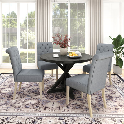 5-Piece Dining Set, Cross-Buck Round Table With 4 Tufted Chairs