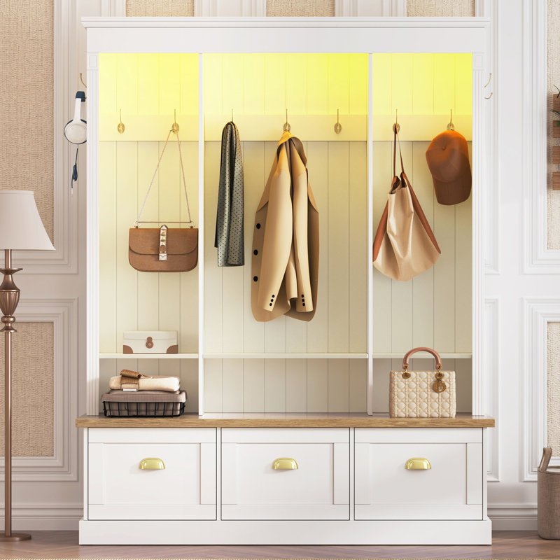Hall Tree With Bench, APP-Controlled LED Coat Rack With 3 Cabinets & 9 Hooks, Wood, Modern Farmhouse, Mudroom, White 