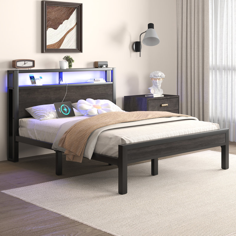 Dilem Bed Frame With LED Light, Industrial Platform Bed With Charging Station, 2-Tier Storage Headboard, No Box Spring Needed, Noise-Free, Strong Support Legs