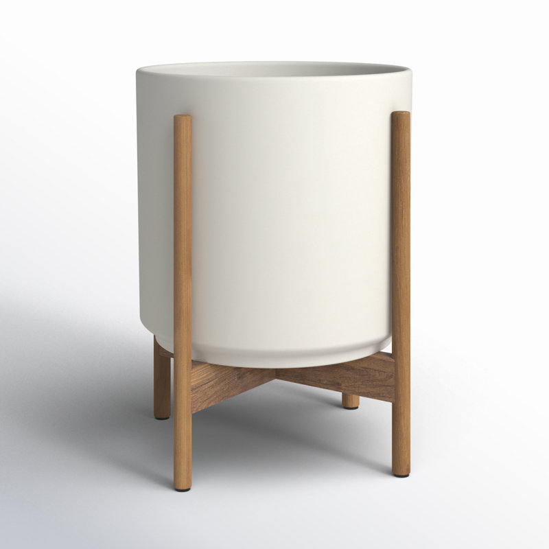 Riverside Handmade Ceramic Pot Planter, White/Teak, 20.25" H x 17.5" W x 17.5" D