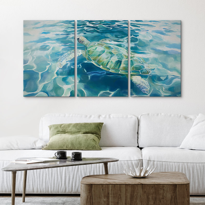 Tortue de mer nageant dans un océan bleu - reproduction d'art sur toile encadrée 3 pièces, H 36 po x l 72 po x P 1,5 po